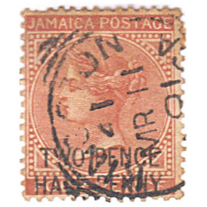 Jamaica 1890 2 1/2d on 4d Orange Queen Victoria Used SG 30 stamps on sale.